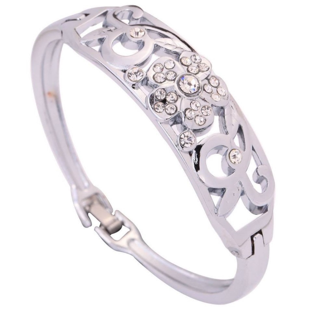 (SOLD)  Flower Bracelet Crystal Inlay Silver Plated Bangle